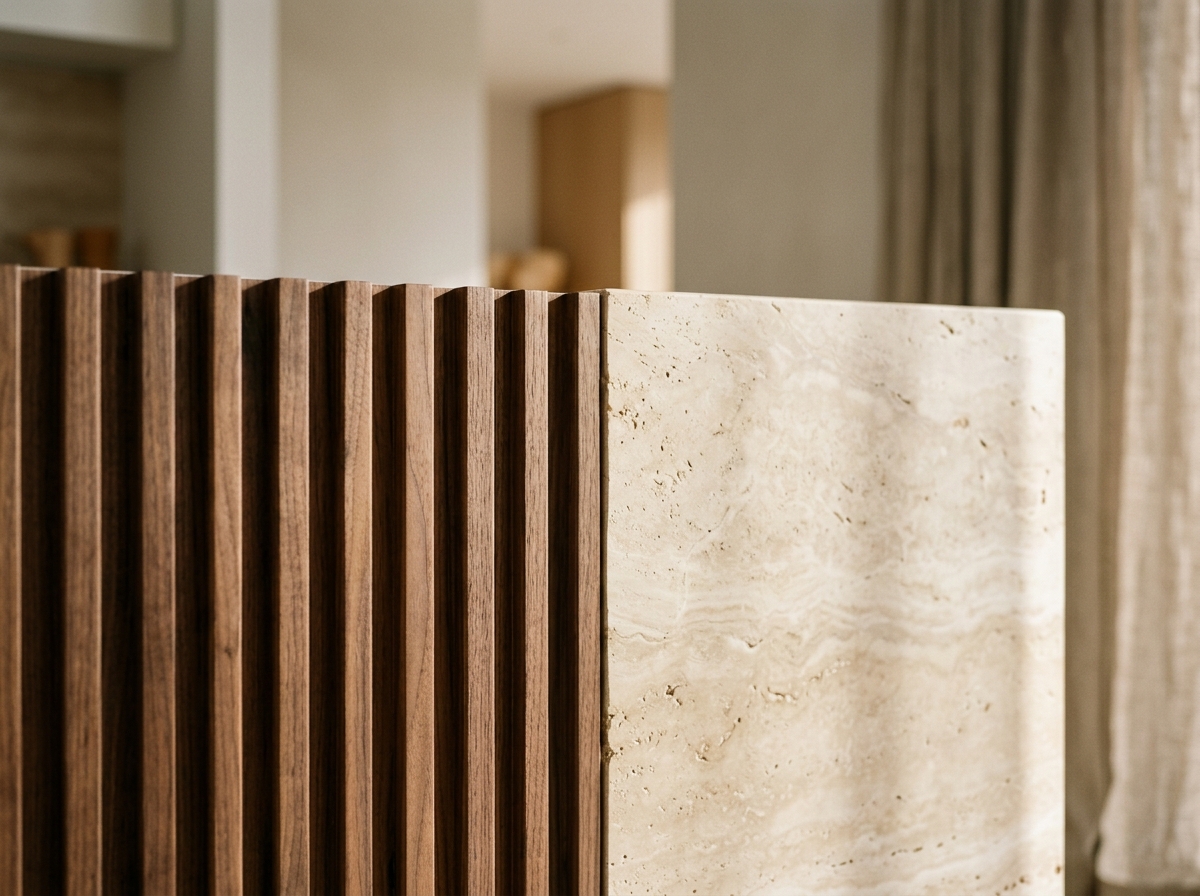 Artisan detail: fluted walnut timber battening meeting polished travertine stone